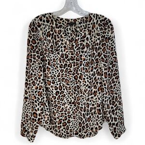 Talbots Leopard Print Tunic‎ Long Sleeve Sheer V-Neck Button Women's Small